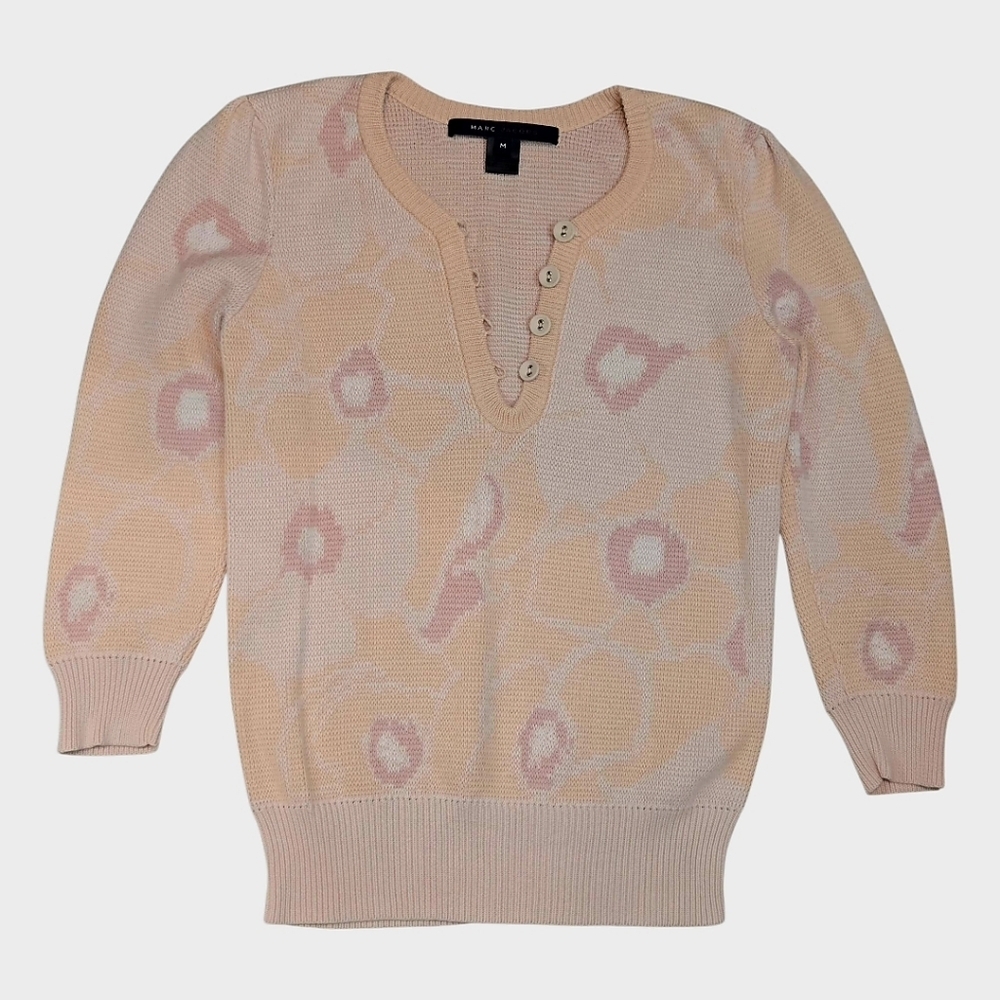 Marc By Marc Jacobs Y2K Floral Knit Henley Sweater Medium Pink Cream Coquette - Picture 10 of 15